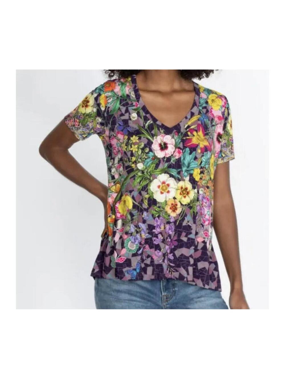 Johnny Was Cisco Printed Favorite V-Neck Tee Size Small Floral Geometric